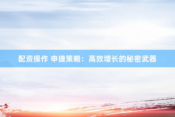 配资操作 申捷策略：高效增长的秘密武器